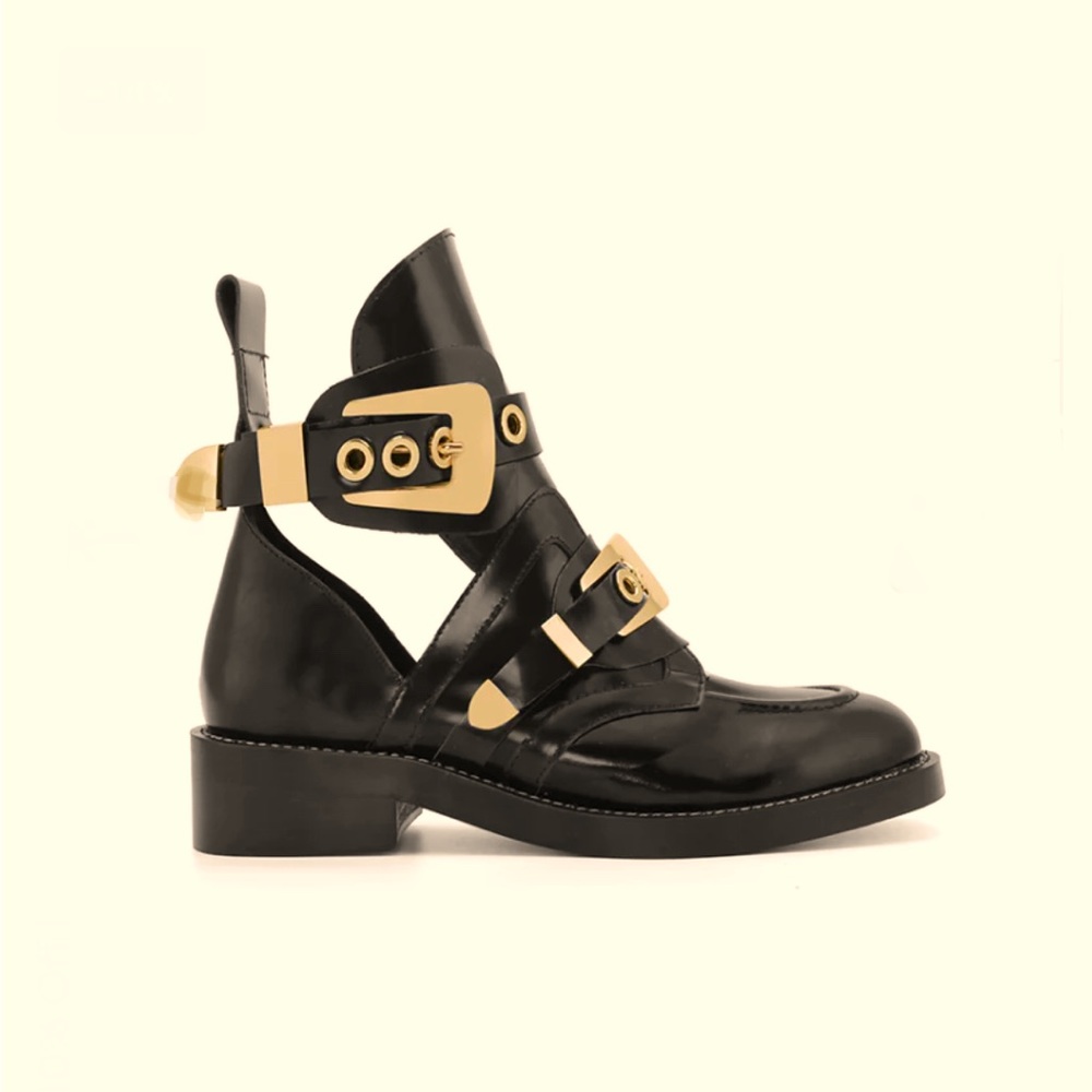 ISO Black Cutout Moto Boots with gold buckles